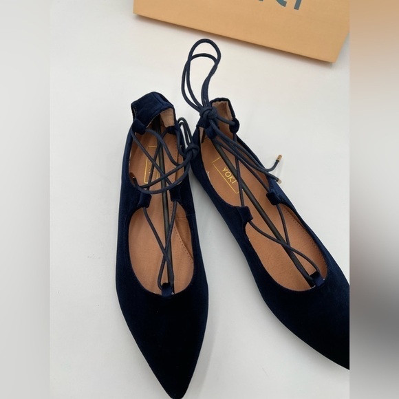 New In Box Yoki Women's Navy Blue Velvet Ballerina Ankle Lace Up Flats - Picture 7 of 10
